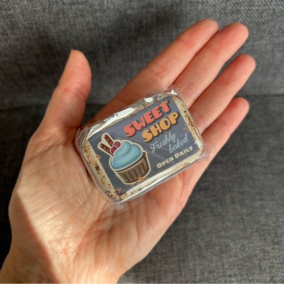 “SWEET SHOP Freshly Baked Open Daily” Mini Travel Tin, Pill, Jewelry Box, Blue - Picture 10 of 16